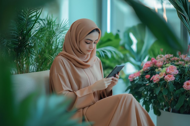 a woman in a hijab sits on a chair with a phone