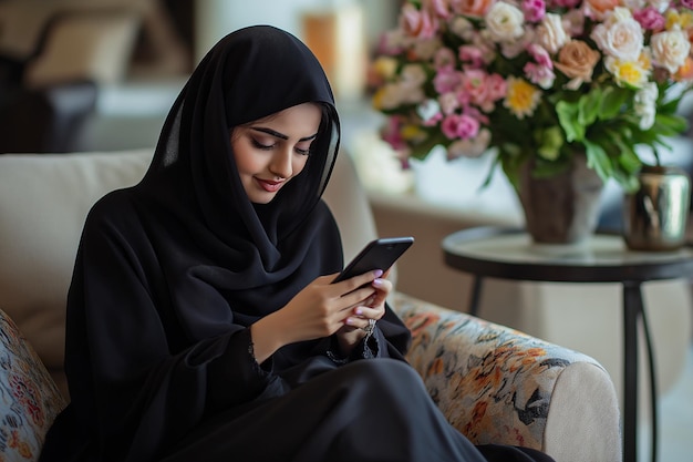 a woman in a hijab sits on a couch and looks at her phone