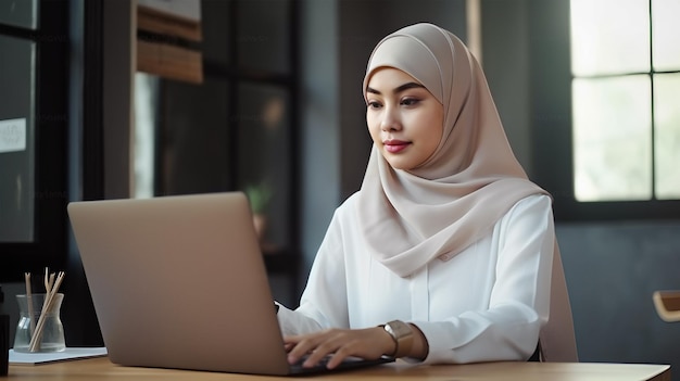 A woman in a hijab sits at a table in a cafe and works on a laptop.