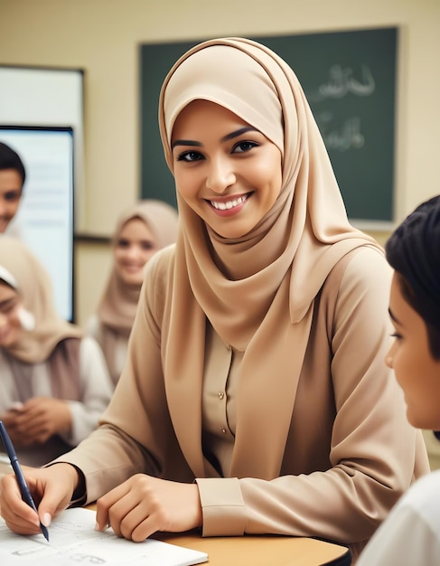 a woman in a hijab sits at a table with other students