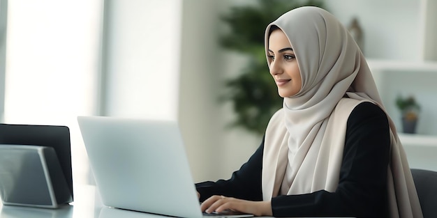 a woman in a hijab sits at a transparent background using a white laptop while wearing a white scarf