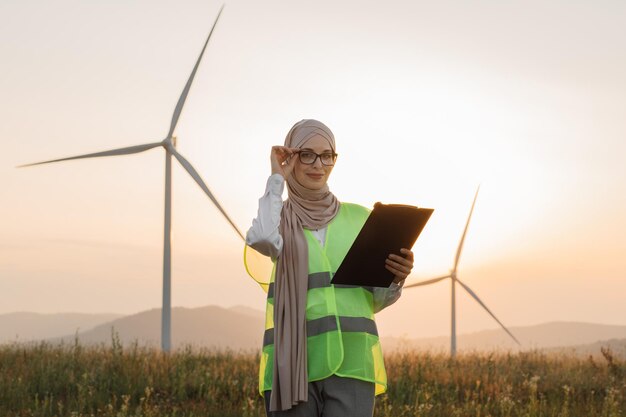 Woman in hijab standing on windmill farm with clipboard