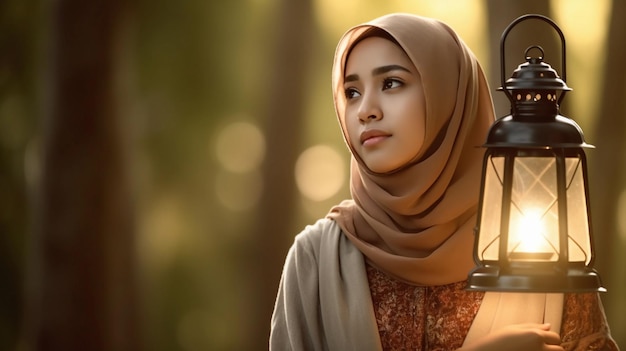 A woman in a hijab stands in a forest.