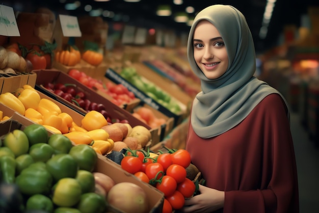 A woman in a hijab stands in a grocery store holding a box of fruit.