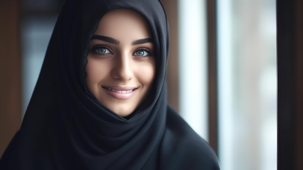 A woman in a hijab with a blue eyes