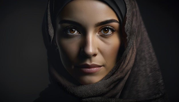 A woman in a hijab with a dark background