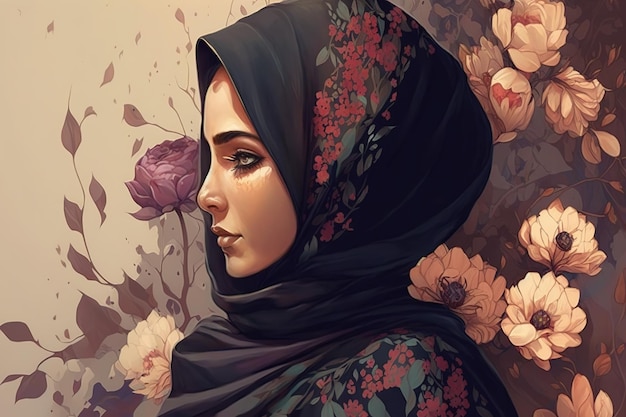 A woman in a hijab with flowers on the background