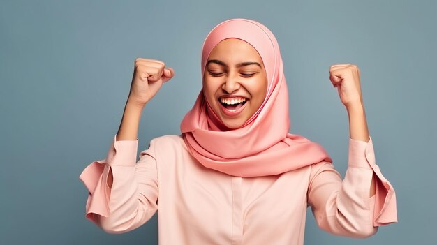 A woman in a hijab with her hands up in the air.