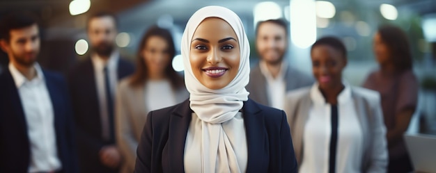 a woman in a hijab with other people in the background