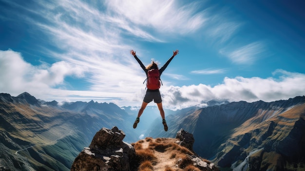 Woman hiker jumping on the top of a mountain and enjoying the view