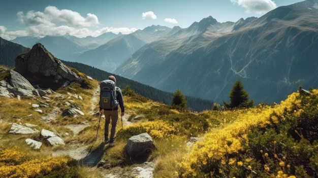 Woman hiker on a top of a mountain generate AI