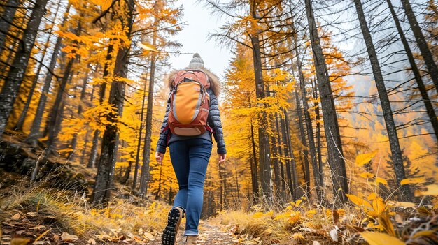 Woman Hiking Through Autumnal Forest Path