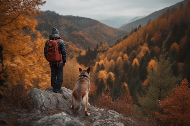 Woman hiking with dog in mountains Generative AI