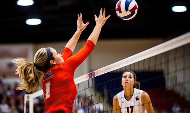 Woman Hitting Volleyball Over Net