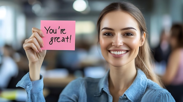 Photo a woman hoding paper that says youre great