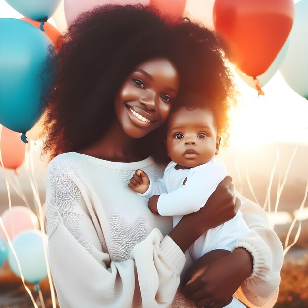 Woman hold her baby with air balloons