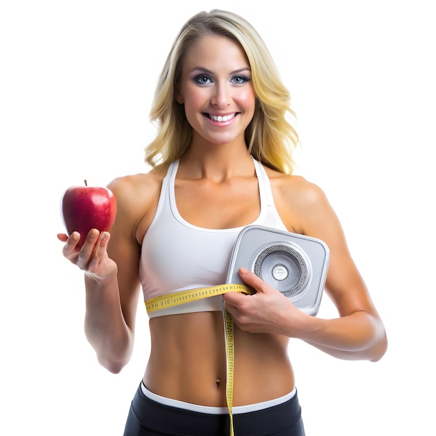 Photo a woman holding an apple and measuring tape with a tape measure around her neck