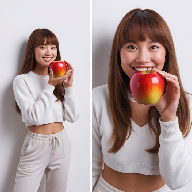 a woman holding an apple and smiling in front of a white background