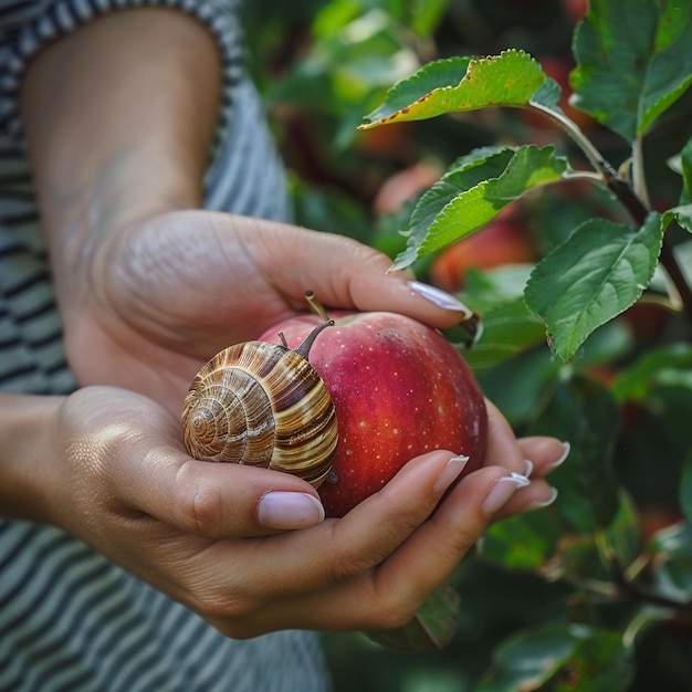 a woman holding an apple with a snake on it