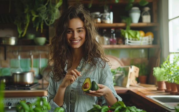 Photo woman holding avocado halves in kitchen