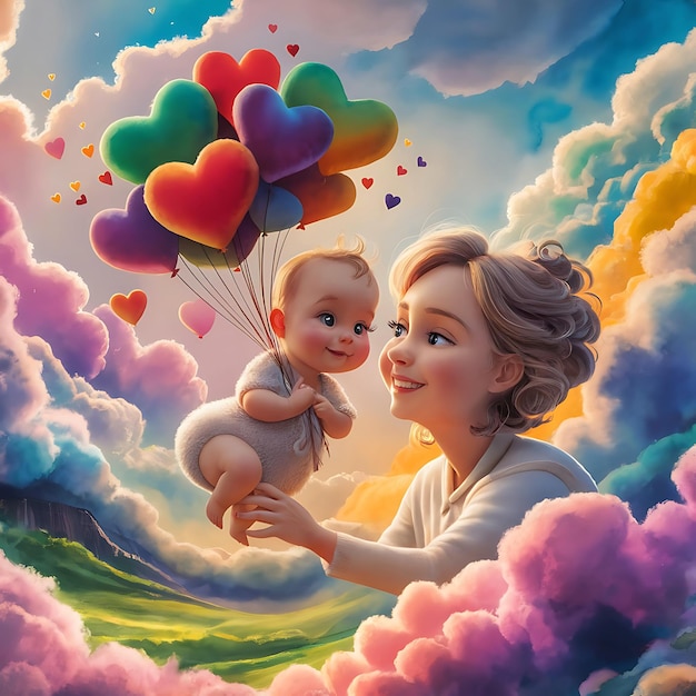 A woman holding a baby and balloons in the sky with a heart in the sky