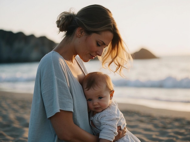 a woman holding a baby on the beach with the ocean in the background