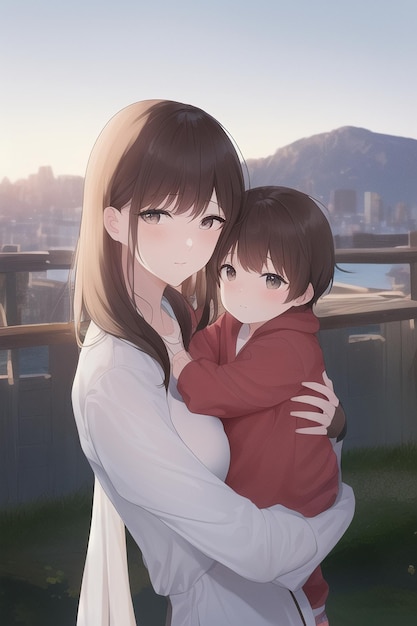 A woman holding a baby and a cityscape in the background