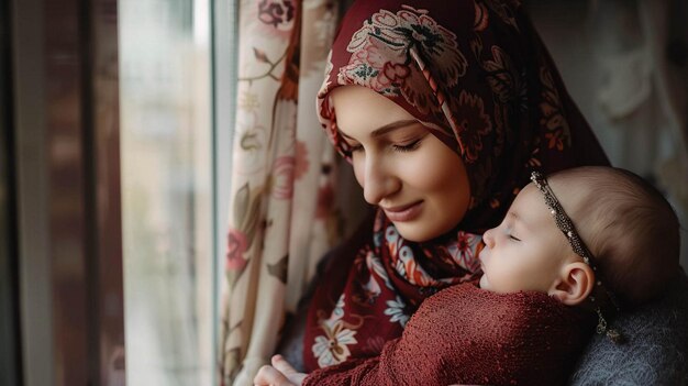 Photo a woman holding a baby and a curtain with the word quot hi quot on it