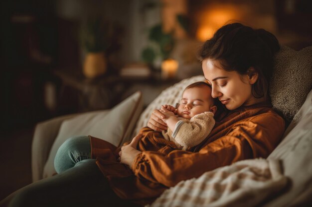 a woman holding a baby and a fireplace with a fireplace in the background