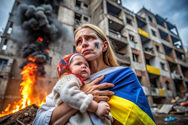 Photo a woman holding a baby and a flag in front of a building