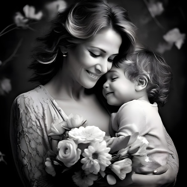 a woman holding a baby and a flower bouquet with the words mother on it