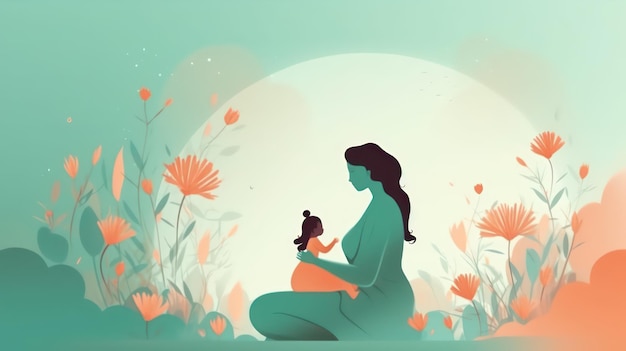 A woman holding a baby in front of a flower background