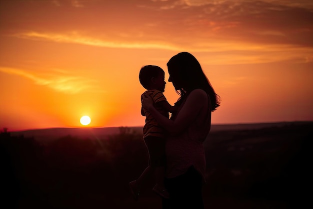 A woman holding a baby in front of a sunset