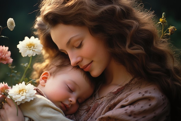 A woman holding a baby in her arms and surrounded by flowers ai