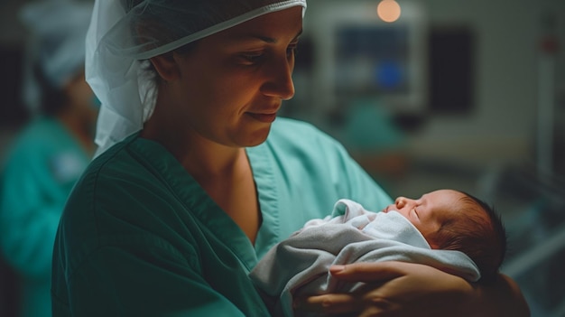 a woman holding a baby in a hospital room with a nurse in the background