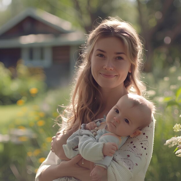 Photo a woman holding a baby and a house in the background