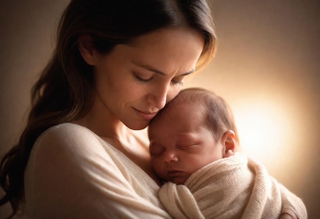 a woman holding a baby and a lamp behind her