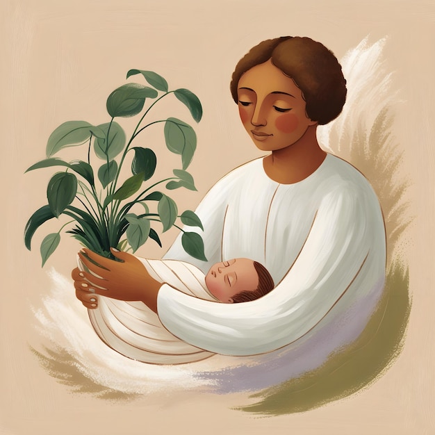 a woman holding a baby and a plant with the words quot mother quot on it