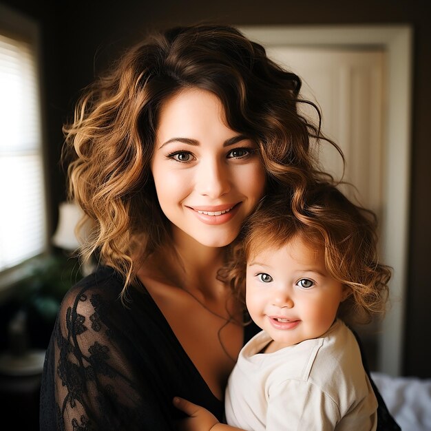 Photo a woman holding a baby and smiling with a baby