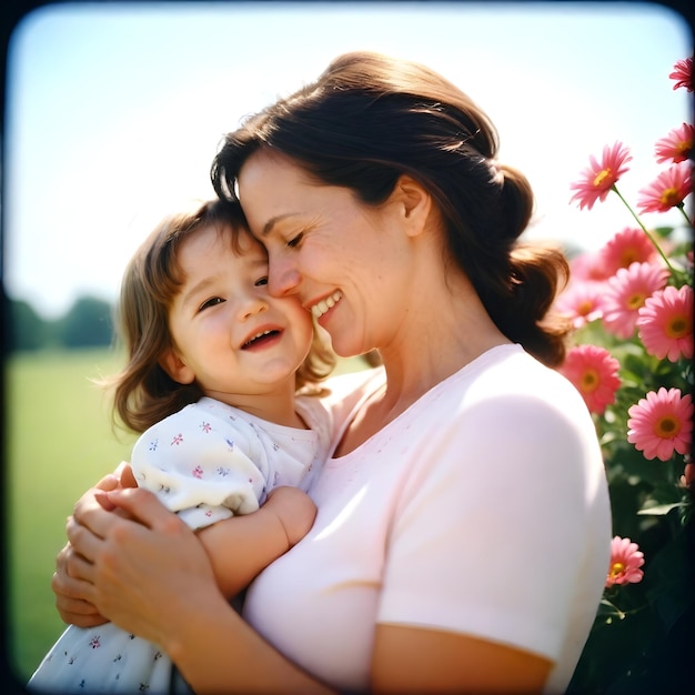 a woman holding a baby and smiling with a pink flower in the background