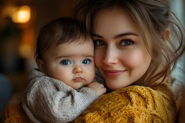 Photo a woman holding a baby and smiling with a yellow sweater