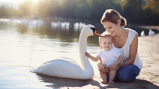 Woman Holding Baby Next to Swan