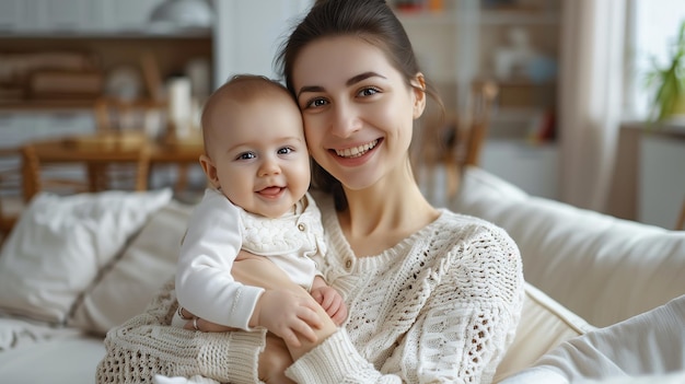 Woman Holding Baby on Top of Bed