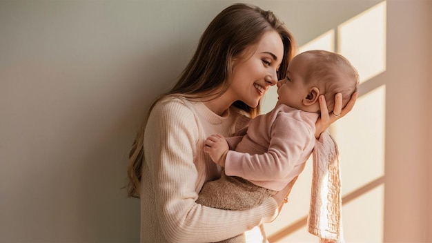 a woman holding a baby and wearing a pink sweater