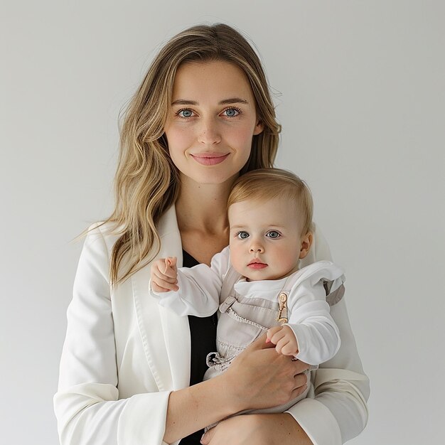 Photo a woman holding a baby and wearing a white jacket