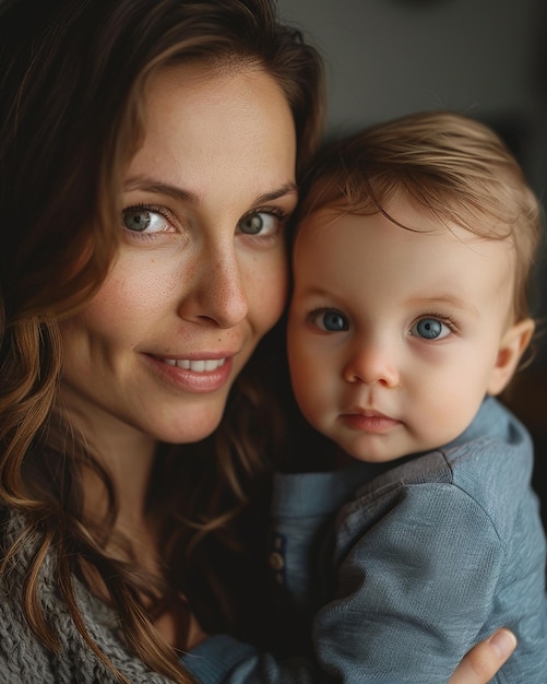 a woman holding a baby with blue eyes