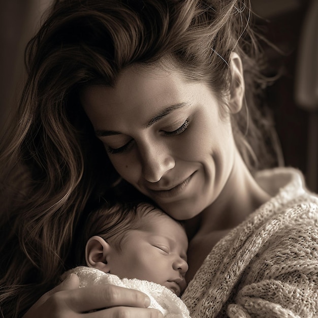 A woman holding a baby with a sweater on her chest.