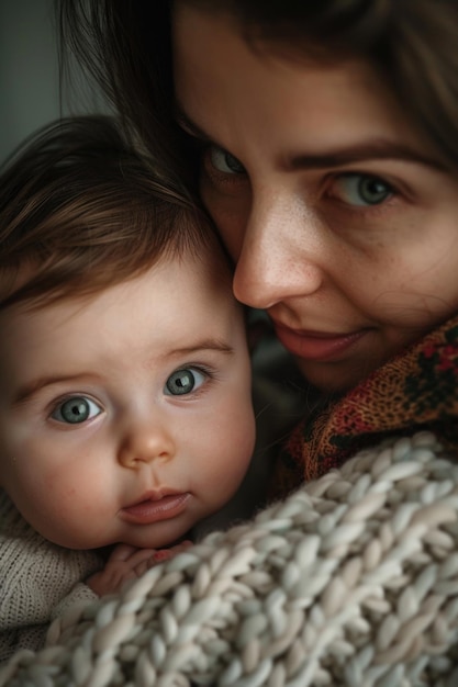 A woman holding a baby wrapped in a blanket suitable for family and parenting concepts