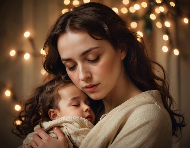 a woman holding a baby wrapped in a blanket with the words baby on the front