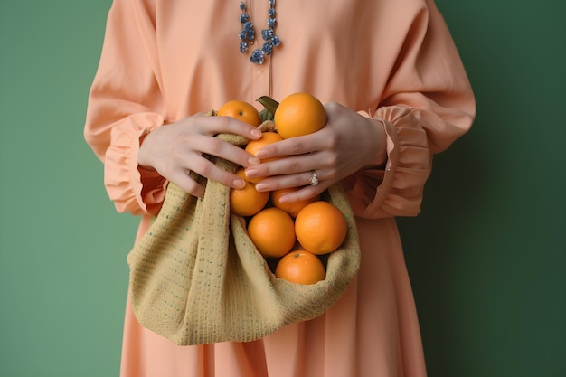 A woman holding a bag of oranges on a green background